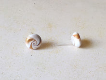 Load image into Gallery viewer, Purple, gold and white swirl earrings
