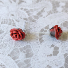 Load image into Gallery viewer, A pair of red and black rose flower earrings
